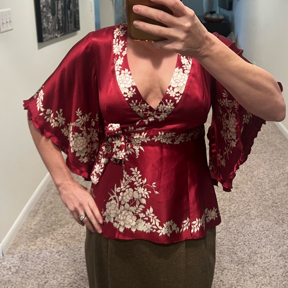 Nanette Lepore Burgundy Silk Floral Kimono Wrap Blouse - Picture 9 of 9